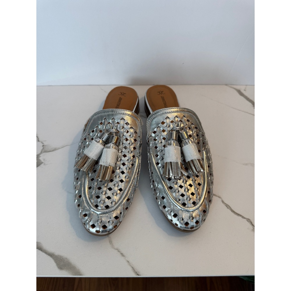 NWOT Johnston & Murphy Ali Woven Leather Tassel Mules Slides Silver Shoes
